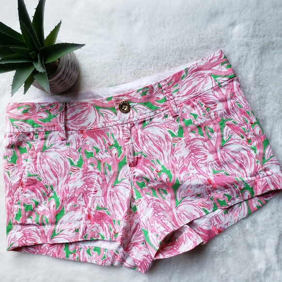 Lilly Pulitzer Walsh Shorts Sz 0 Prep Green Pink Colony Small Flamingos NWOT - Picture 1 of 14